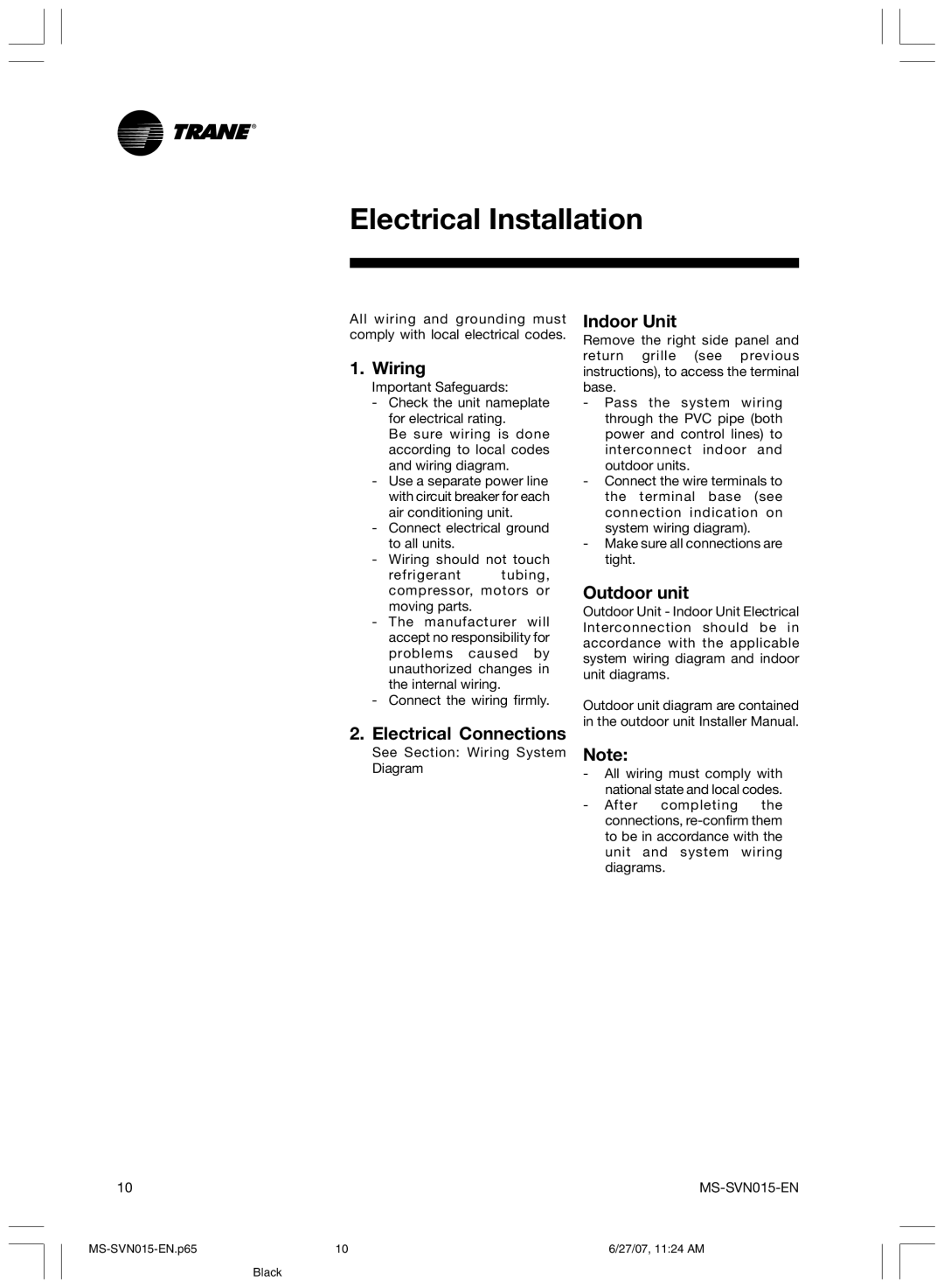 Trane MS-SVN015-EN installation manual Electrical Installation, Wiring, Electrical Connections 