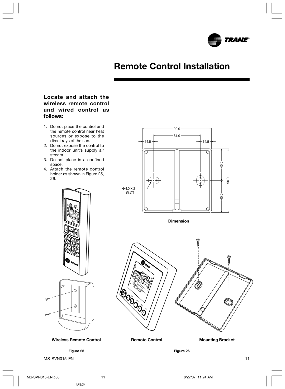 Trane MS-SVN015-EN installation manual Remote Control Installation 