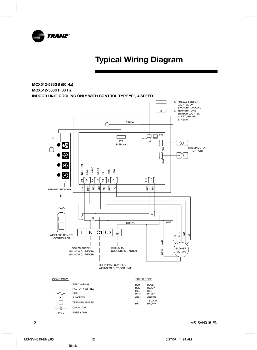 Trane MS-SVN015-EN installation manual Typical Wiring Diagram, Indoor UNIT, Cooling only with Control Type R, 4 Speed 