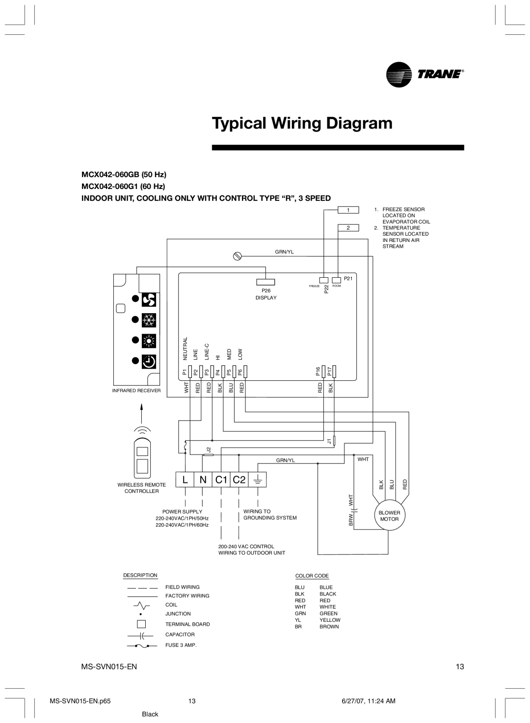 Trane MS-SVN015-EN installation manual Indoor UNIT, Cooling only with Control Type R, 3 Speed 