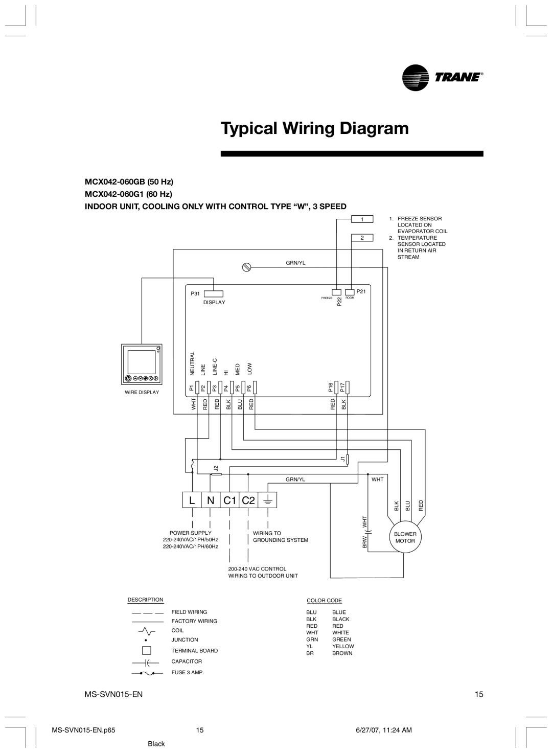 Trane MS-SVN015-EN installation manual Indoor UNIT, Cooling only with Control Type W, 3 Speed 