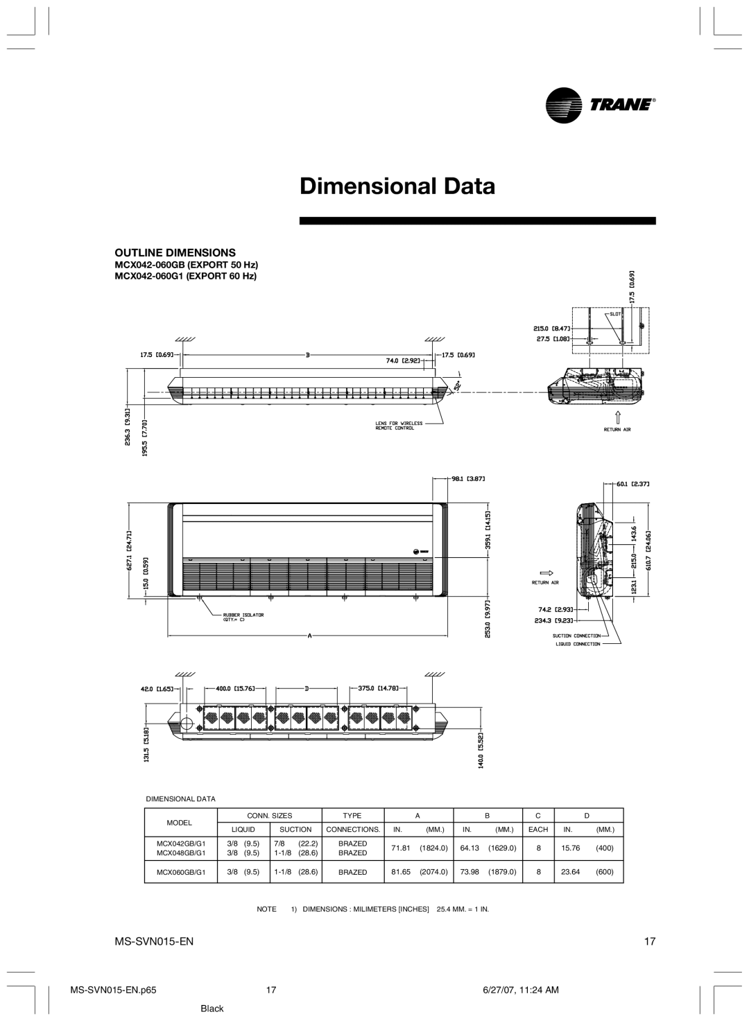 Trane MS-SVN015-EN installation manual MCX042-060GB Export 50 Hz MCX042-060G1 Export 60 Hz 