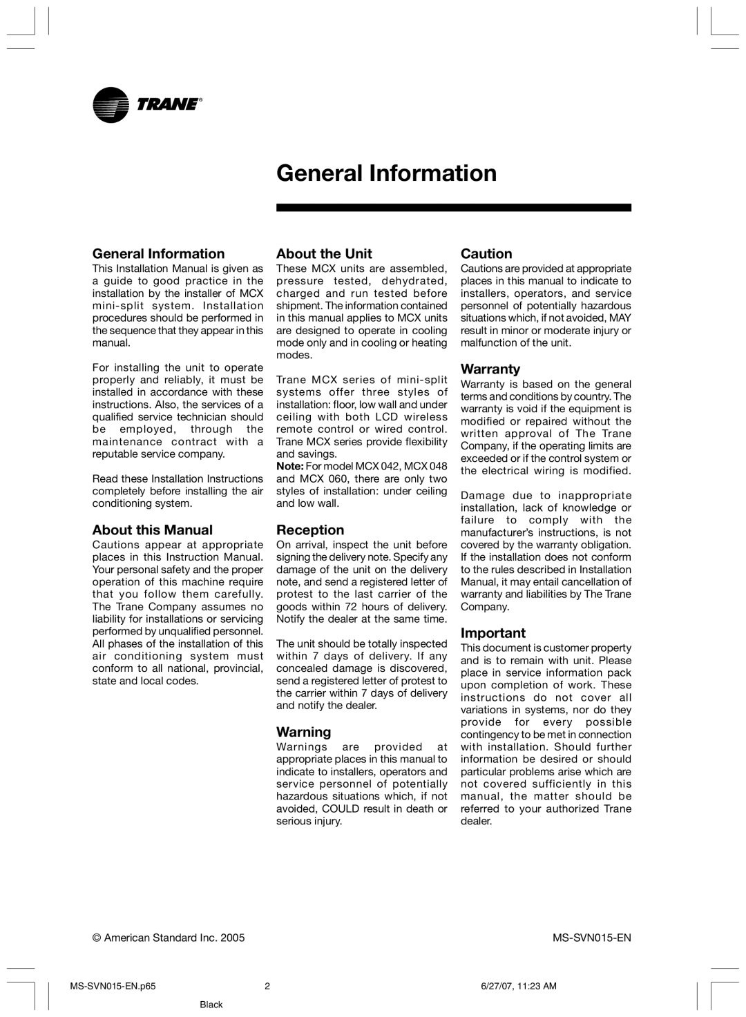 Trane MS-SVN015-EN installation manual General Information, About the Unit, Warranty, About this Manual Reception 