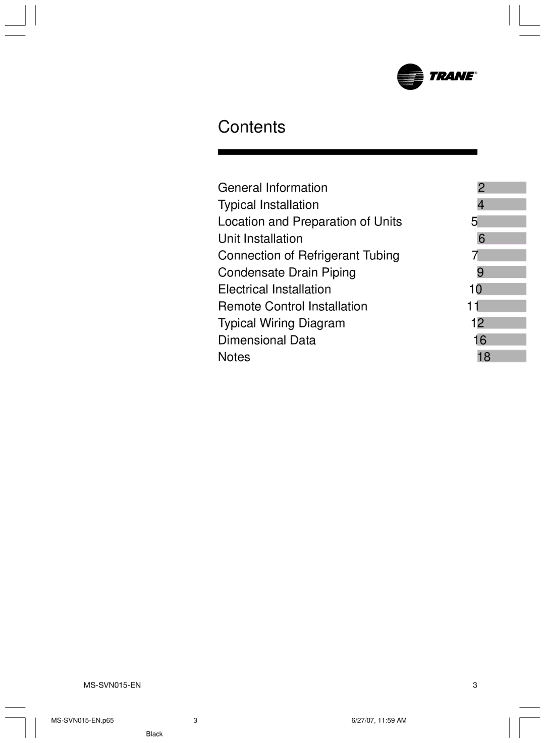 Trane MS-SVN015-EN installation manual Contents 