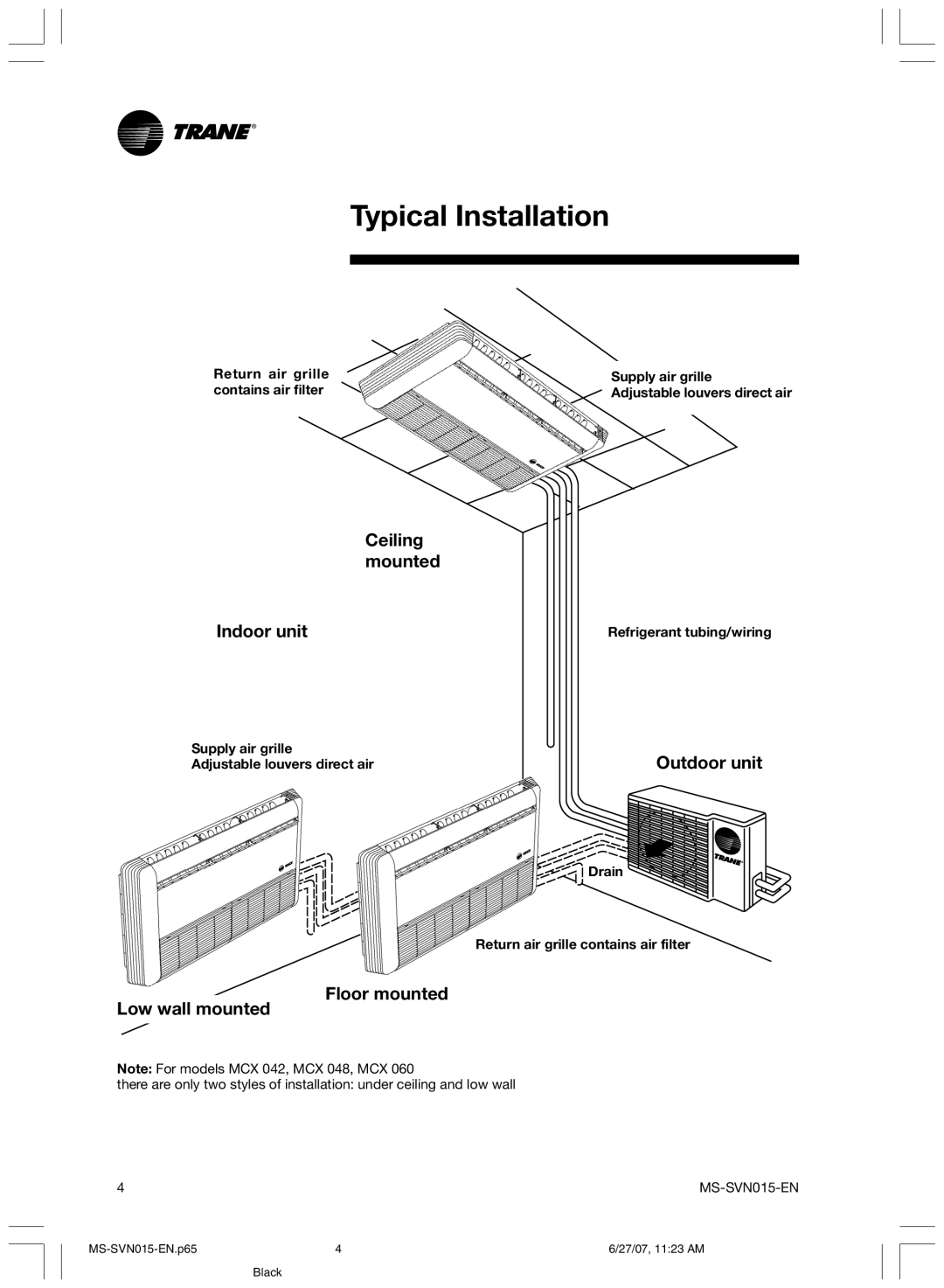 Trane MS-SVN015-EN Typical Installation, Ceiling mounted Indoor unit, Outdoor unit, Floor mounted Low wall mounted 