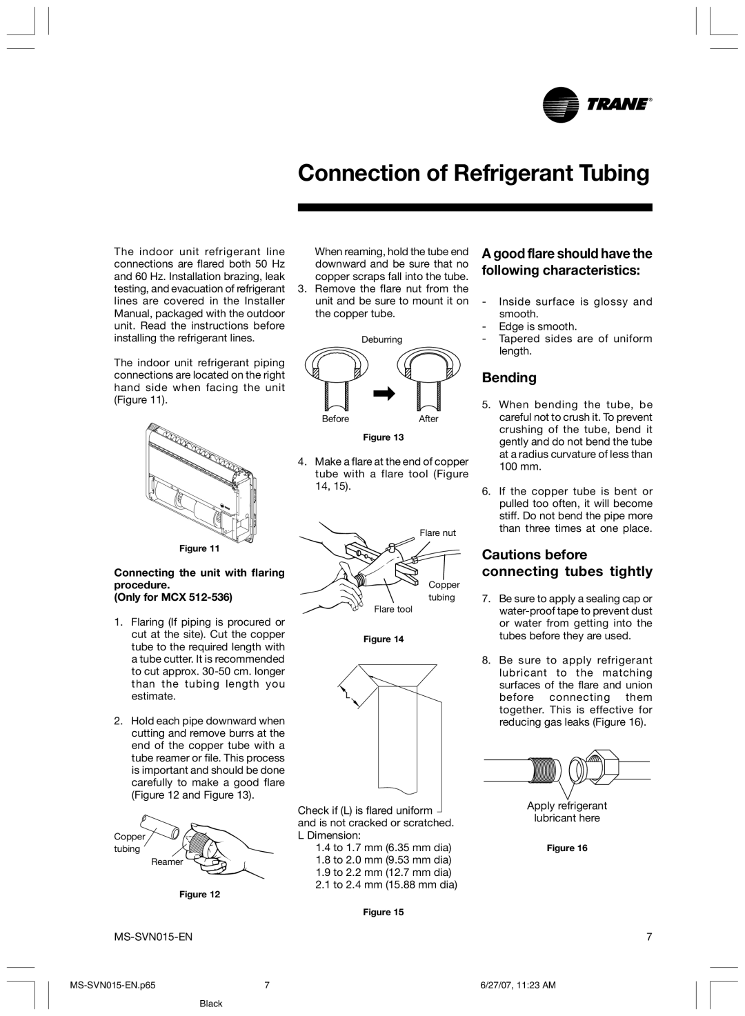 Trane MS-SVN015-EN installation manual Connection of Refrigerant Tubing, Bending 