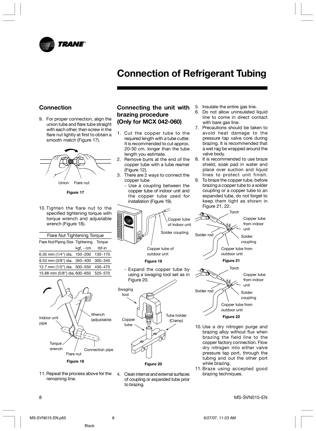 Trane MS-SVN015-EN installation manual Connection, Connecting the unit with brazing procedure Only for MCX 