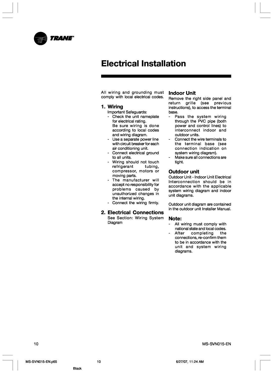 Trane MS-SVN015-EN installation manual Electrical Installation, Wiring, Electrical Connections, Indoor Unit, Outdoor unit 