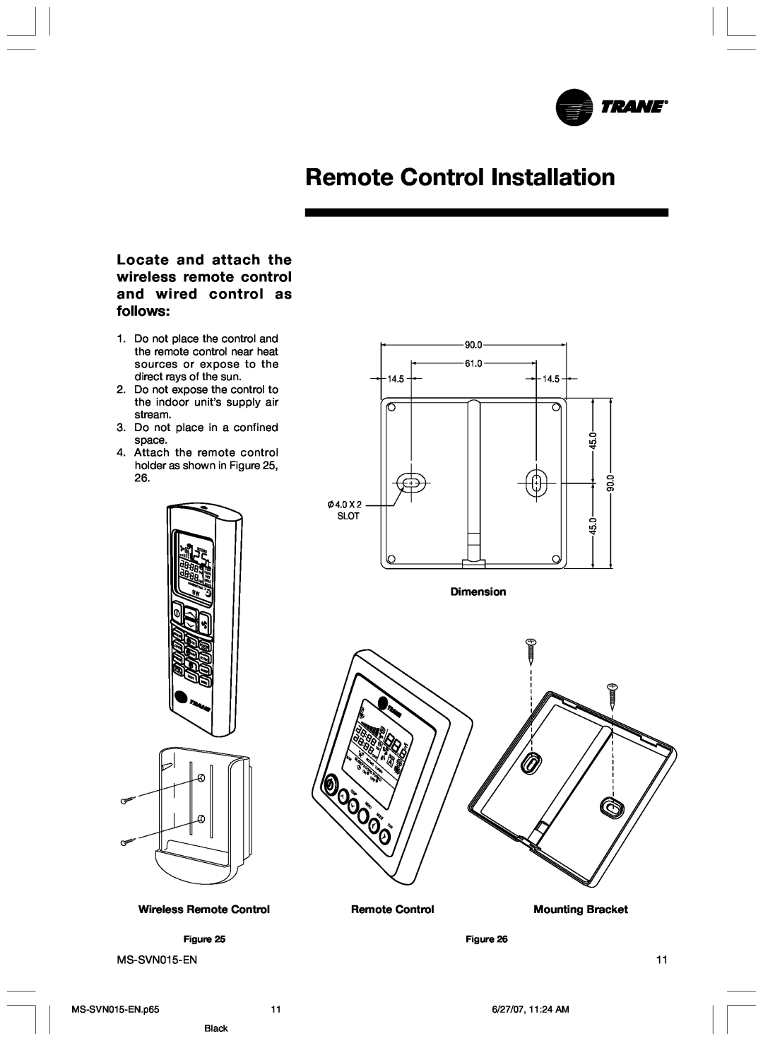 Trane MS-SVN015-EN installation manual Remote Control Installation, Dimension, Mounting Bracket 