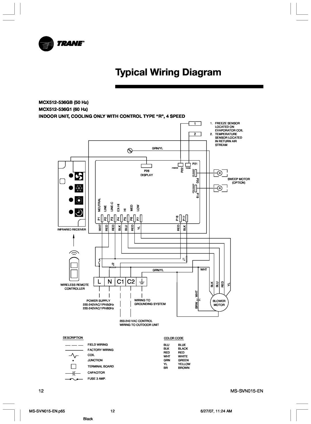 Trane Typical Wiring Diagram, C1 C2, MCX512-536GB50 Hz MCX512-536G160 Hz, MS-SVN015-EN.p65, 6/27/07, 11 24 AM, Black 