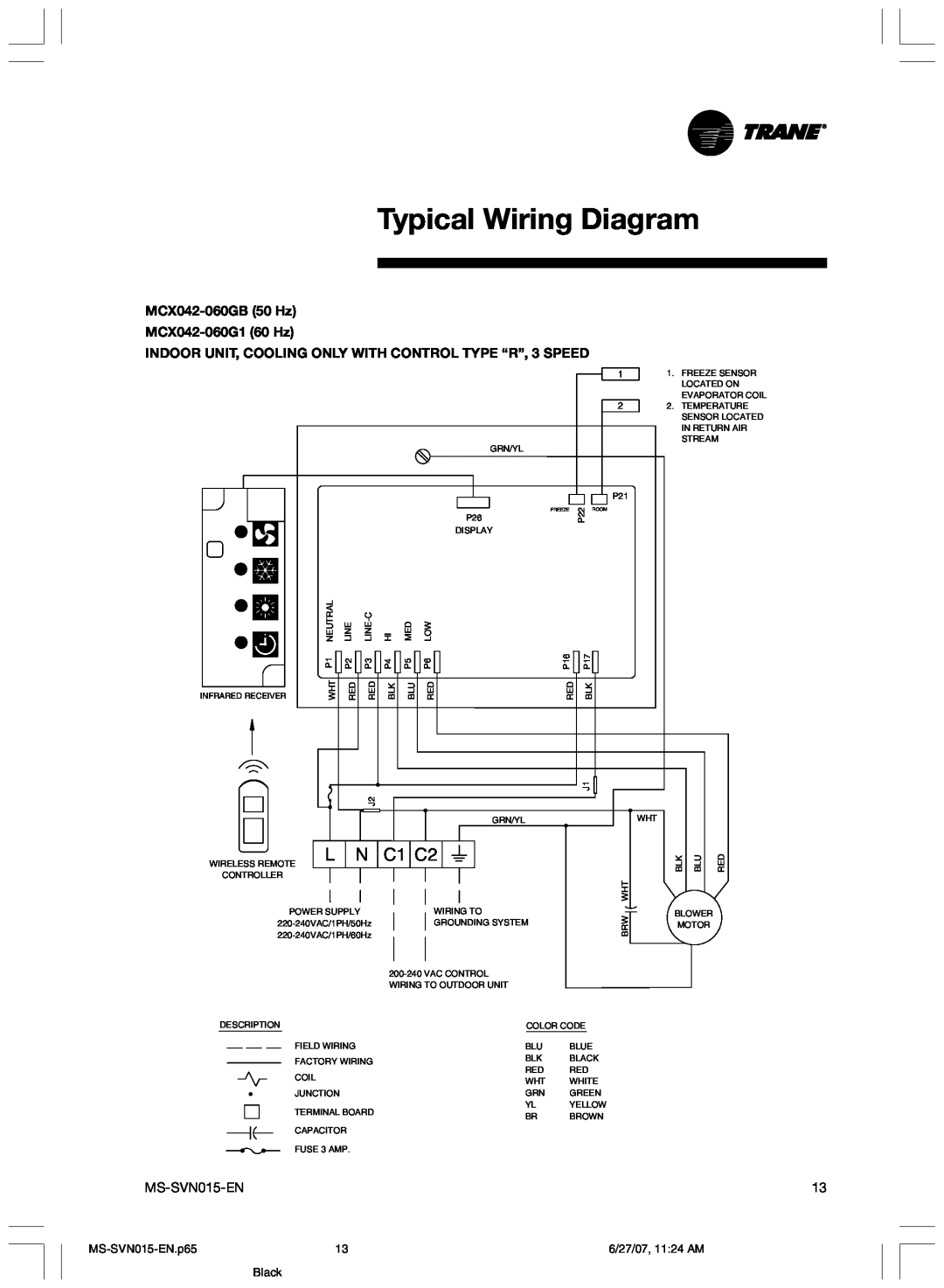 Trane Typical Wiring Diagram, C1 C2, MCX042-060GB50 Hz MCX042-060G160 Hz, MS-SVN015-EN.p65, 6/27/07, 11 24 AM, Black 