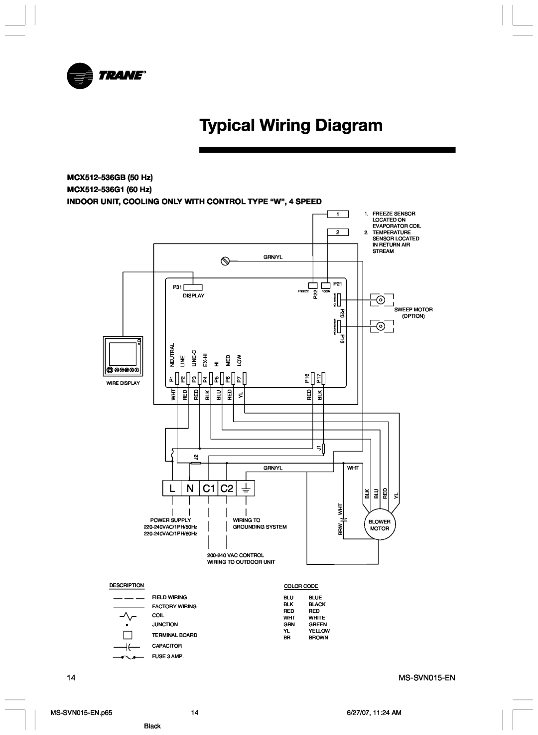 Trane Typical Wiring Diagram, C1 C2, MCX512-536GB50 Hz MCX512-536G160 Hz, MS-SVN015-EN.p65, 6/27/07, 11 24 AM, Black 