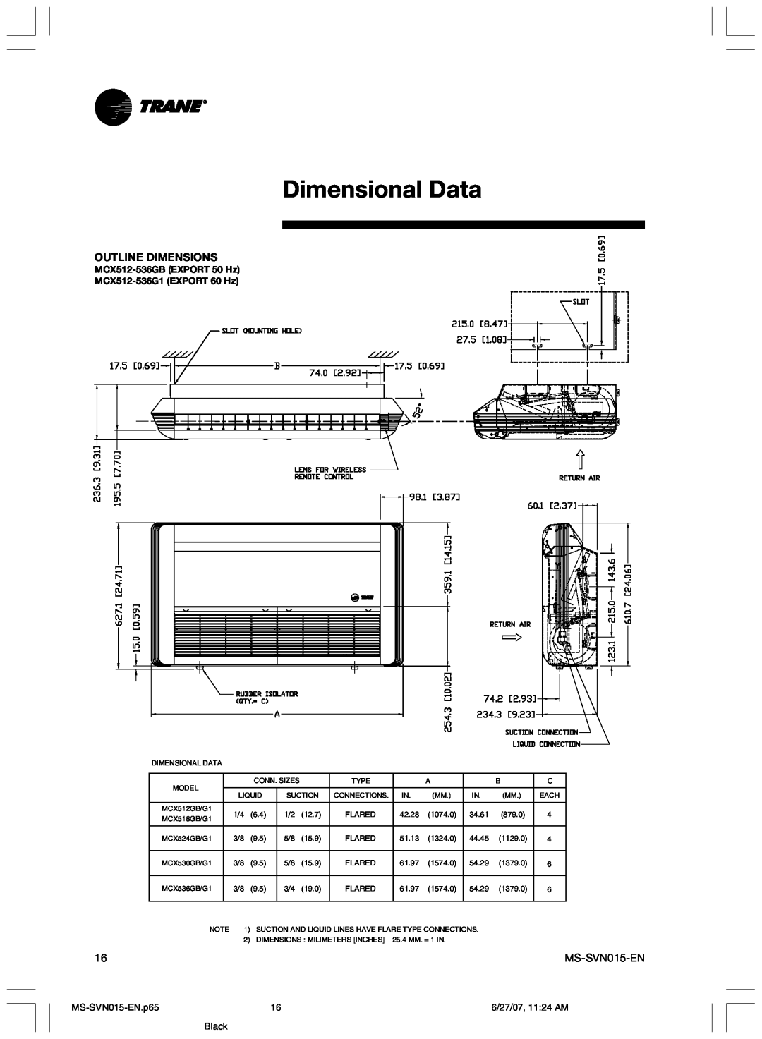 Trane MS-SVN015-EN Dimensional Data, Outline Dimensions, MCX512-536GBEXPORT 50 Hz MCX512-536G1EXPORT 60 Hz, Black 