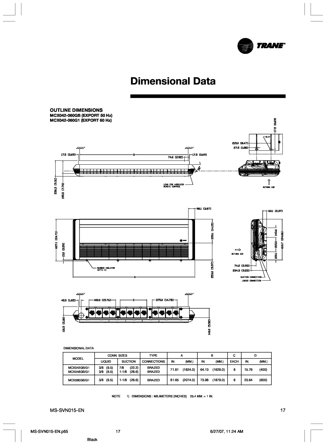 Trane MS-SVN015-EN Dimensional Data, Outline Dimensions, MCX042-060GBEXPORT 50 Hz MCX042-060G1EXPORT 60 Hz, Black 
