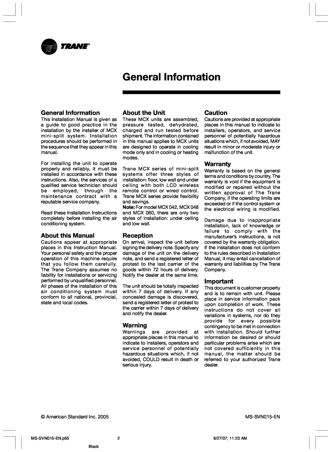 Trane MS-SVN015-EN installation manual General Information, About the Unit, Warranty, About this Manual, Reception 