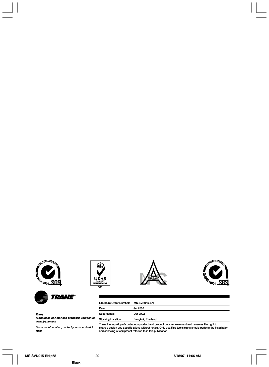 Trane installation manual MS-SVN015-EN.p65, 7/18/07, 11 06 AM, Black, Trane 