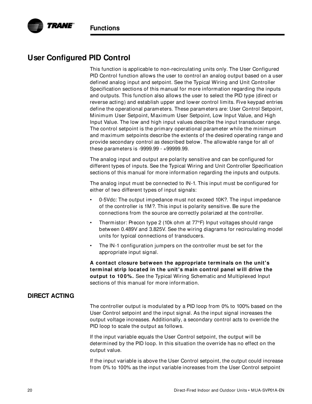 Trane MUA-SVP01A-EN, Direct-Fired Indoor and Outdoor Make-Up Air Units manual User Configured PID Control, Direct Acting 