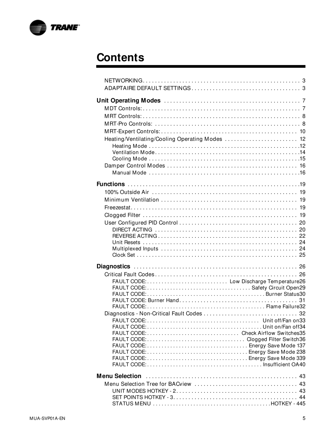 Trane Direct-Fired Indoor and Outdoor Make-Up Air Units, MUA-SVP01A-EN manual Contents 