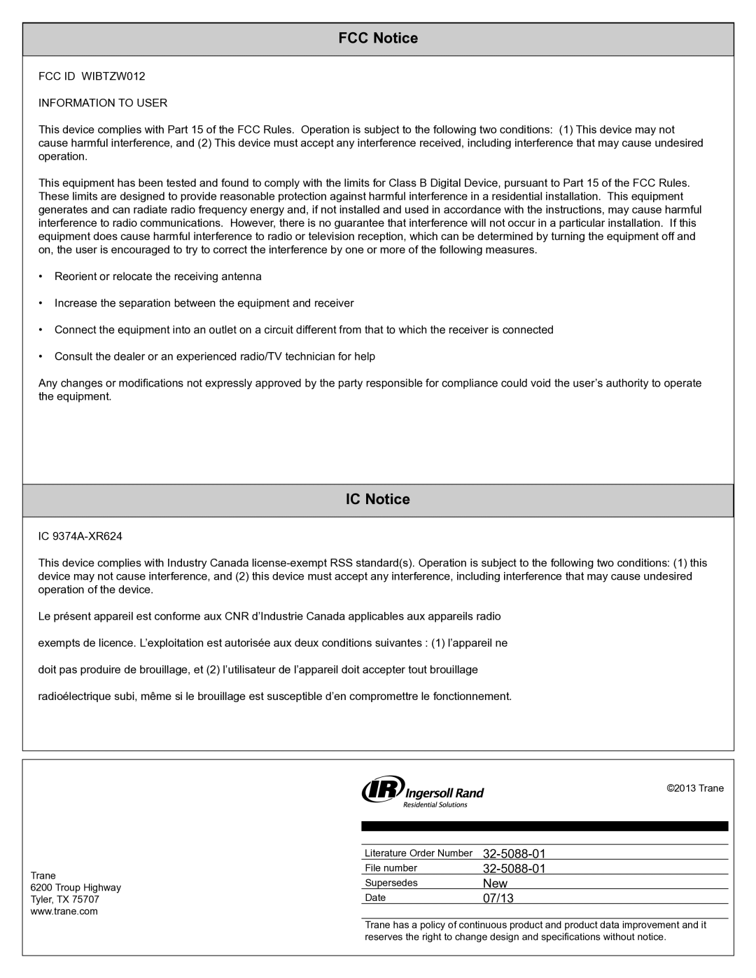 Trane TCONT624AS42DA, Nexia Touch Screen Comfort Control FCC Notice, IC Notice, FCC ID WIBTZW012 Information to User 