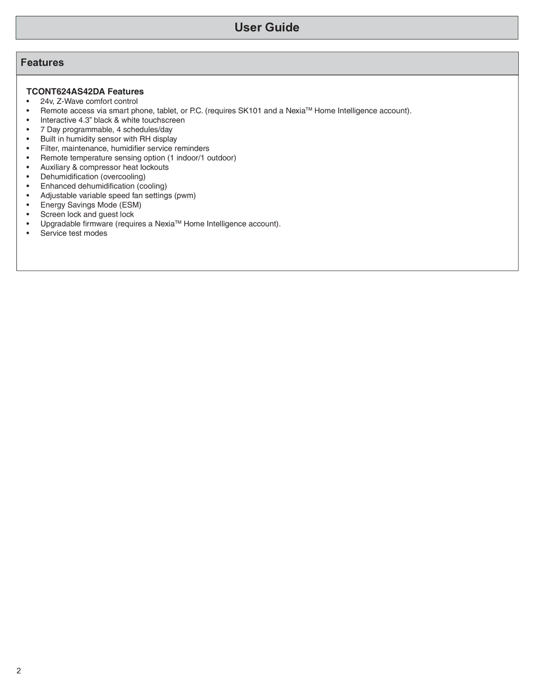 Trane TCONT624AS42DA, Nexia Touch Screen Comfort Control warranty User Guide, Features 