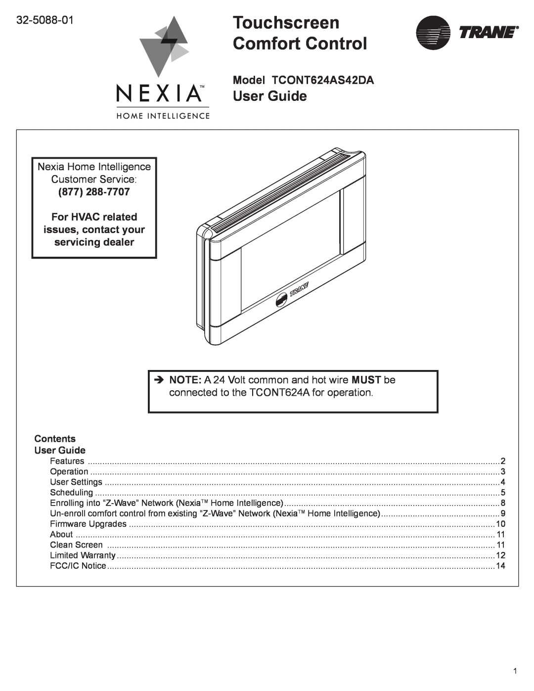 Trane Nexia Touch Screen Comfort Control warranty Touchscreen, User Guide, 32-5088-01, Model TCONT624AS42DA, Contents 
