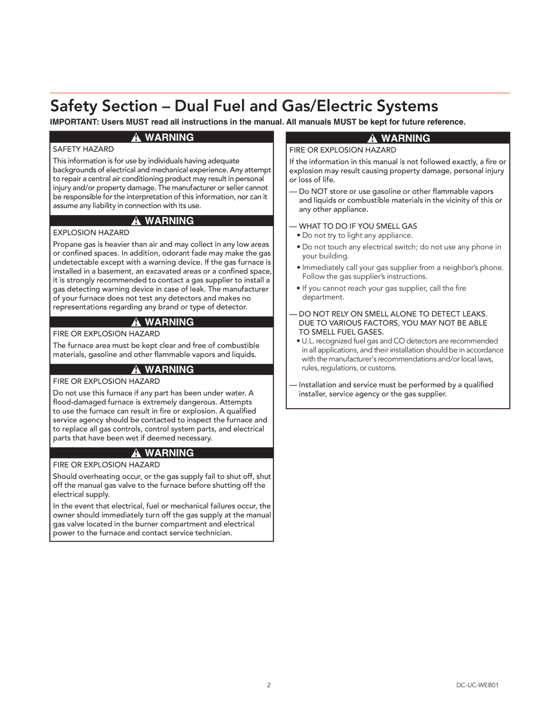 Trane DC-UC-WEB01 manual Safety Section Dual Fuel and Gas/Electric Systems, Safety Hazard, Explosion Hazard 