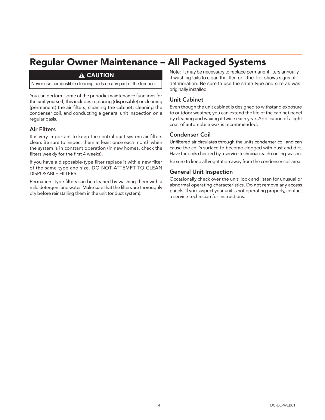 Trane DC-UC-WEB01 manual Regular Owner Maintenance All Packaged Systems, Air Filters, Unit Cabinet, Condenser Coil 