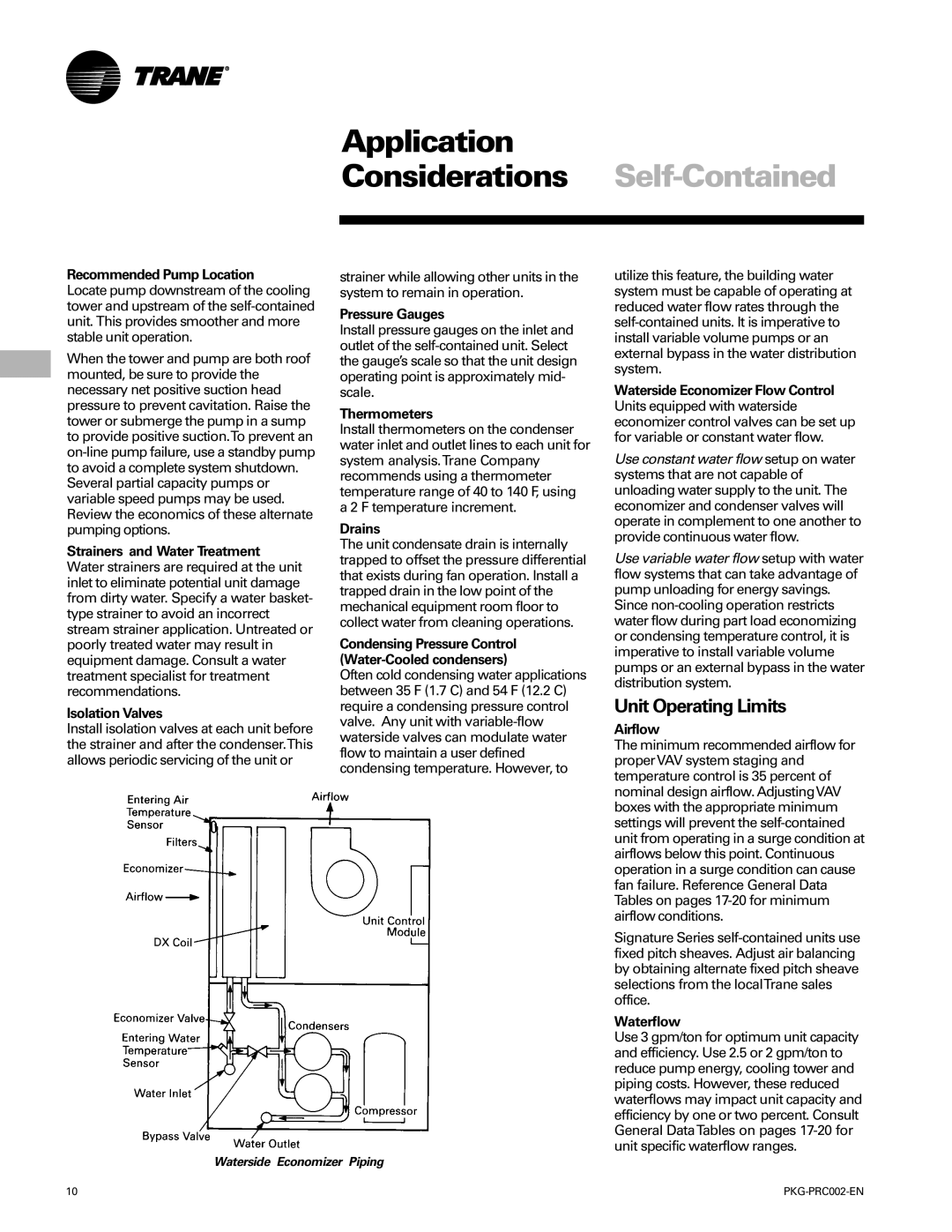 Trane PKG-PRC002-EN manual Unit Operating Limits 