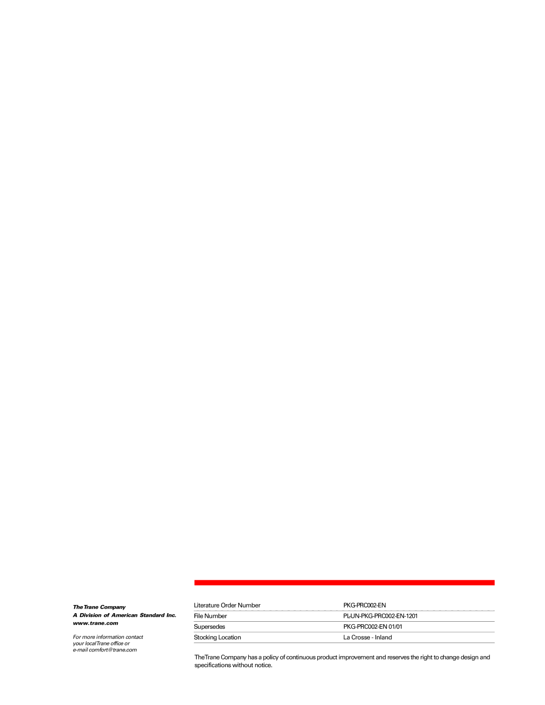 Trane PKG-PRC002-EN manual Literature Order Number 