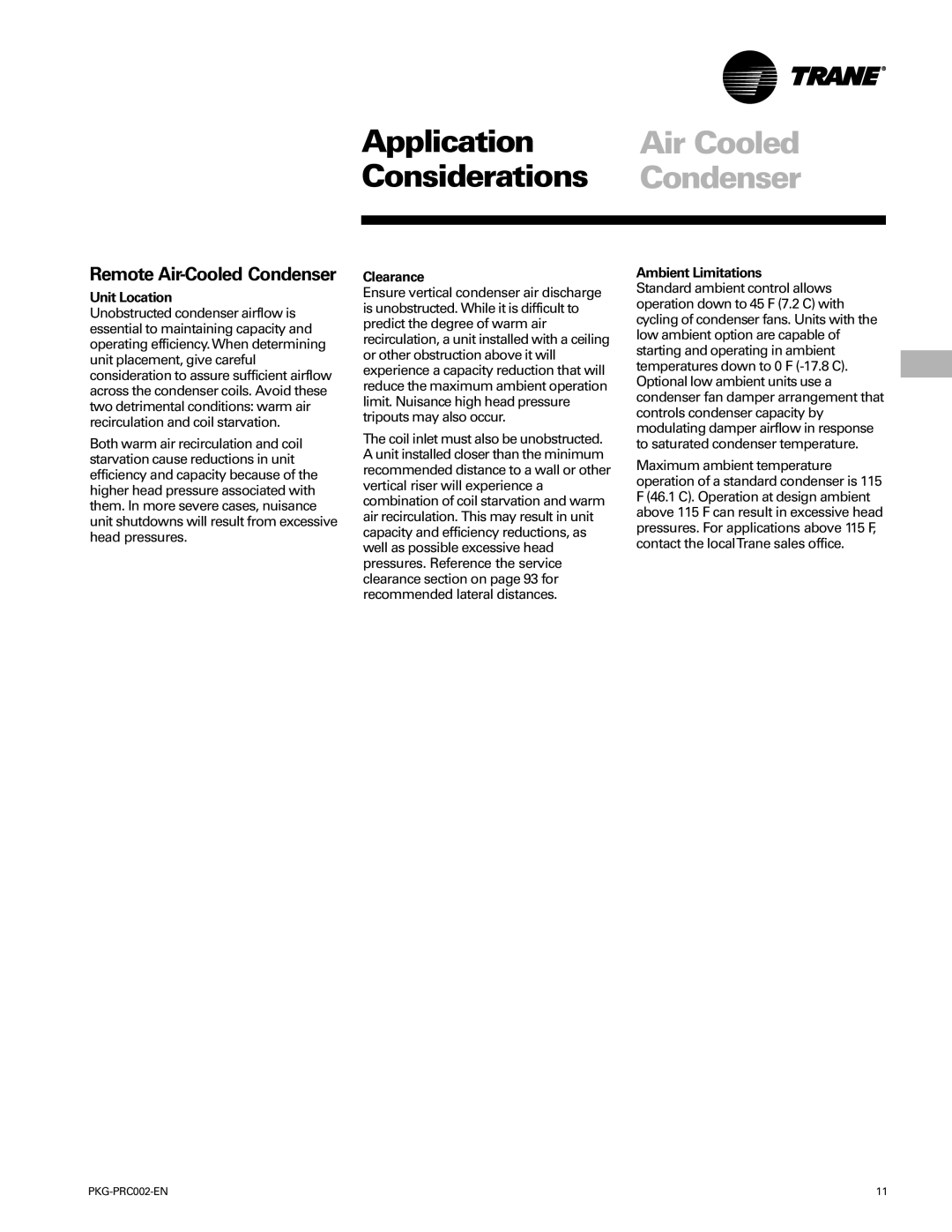 Trane PKG-PRC002-EN manual Application, Air Cooled, Considerations, Remote Air-Cooled Condenser 