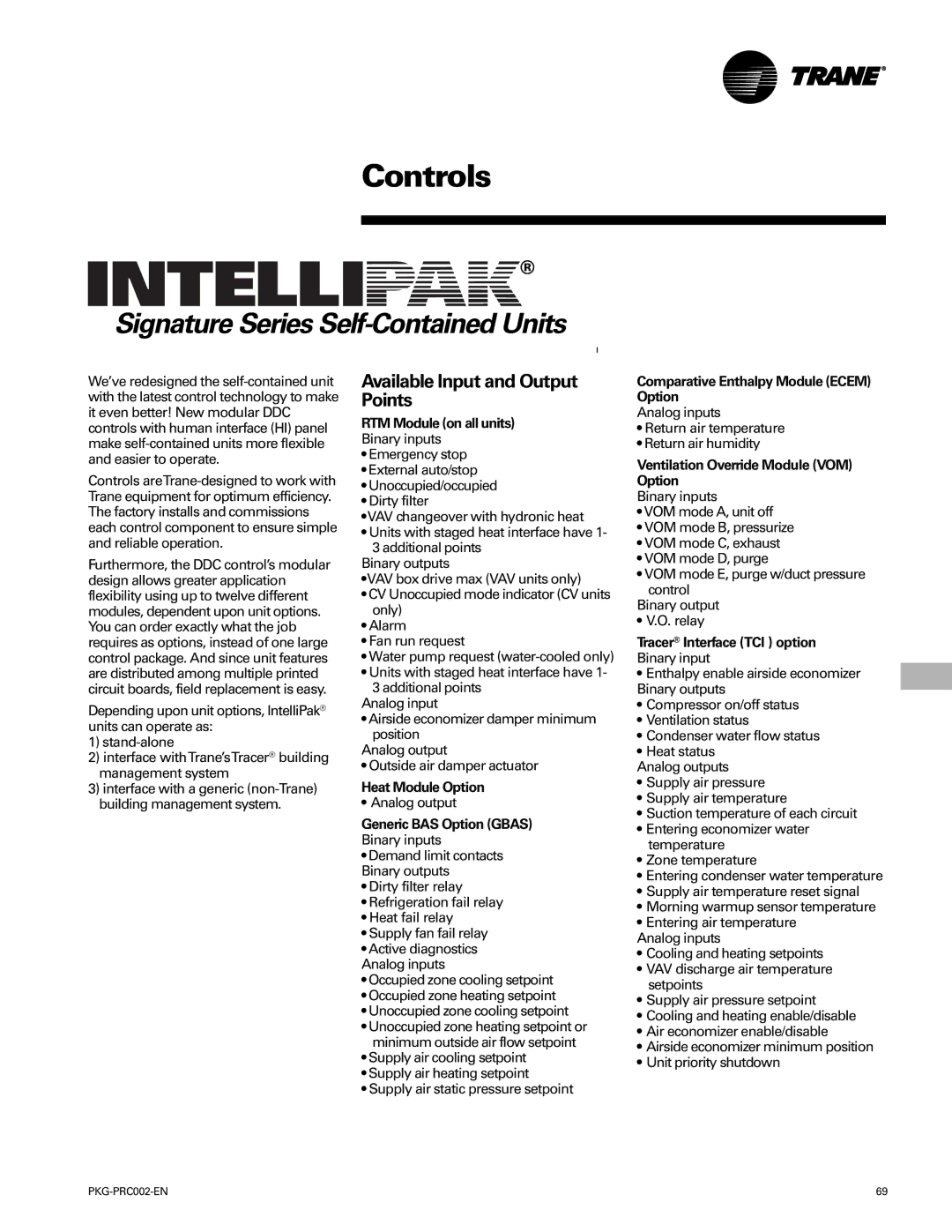 Trane PKG-PRC002-EN manual Controls, Available Input and Output Points 