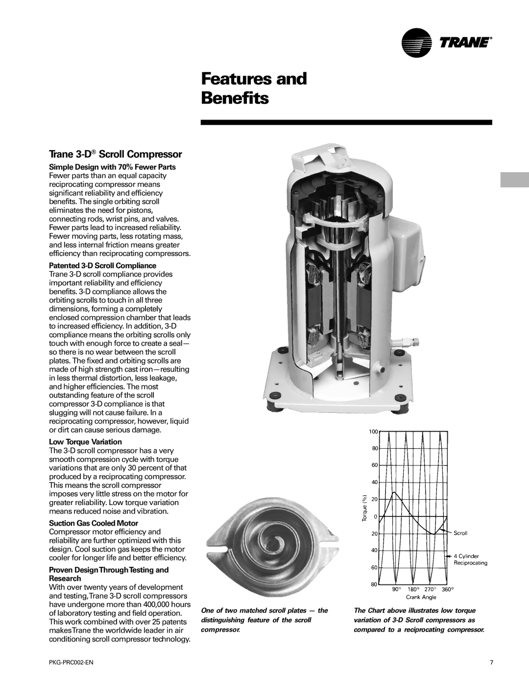 Trane PKG-PRC002-EN manual Trane 3-DScroll Compressor, Low Torque Variation, Proven DesignThroughTesting and Research 