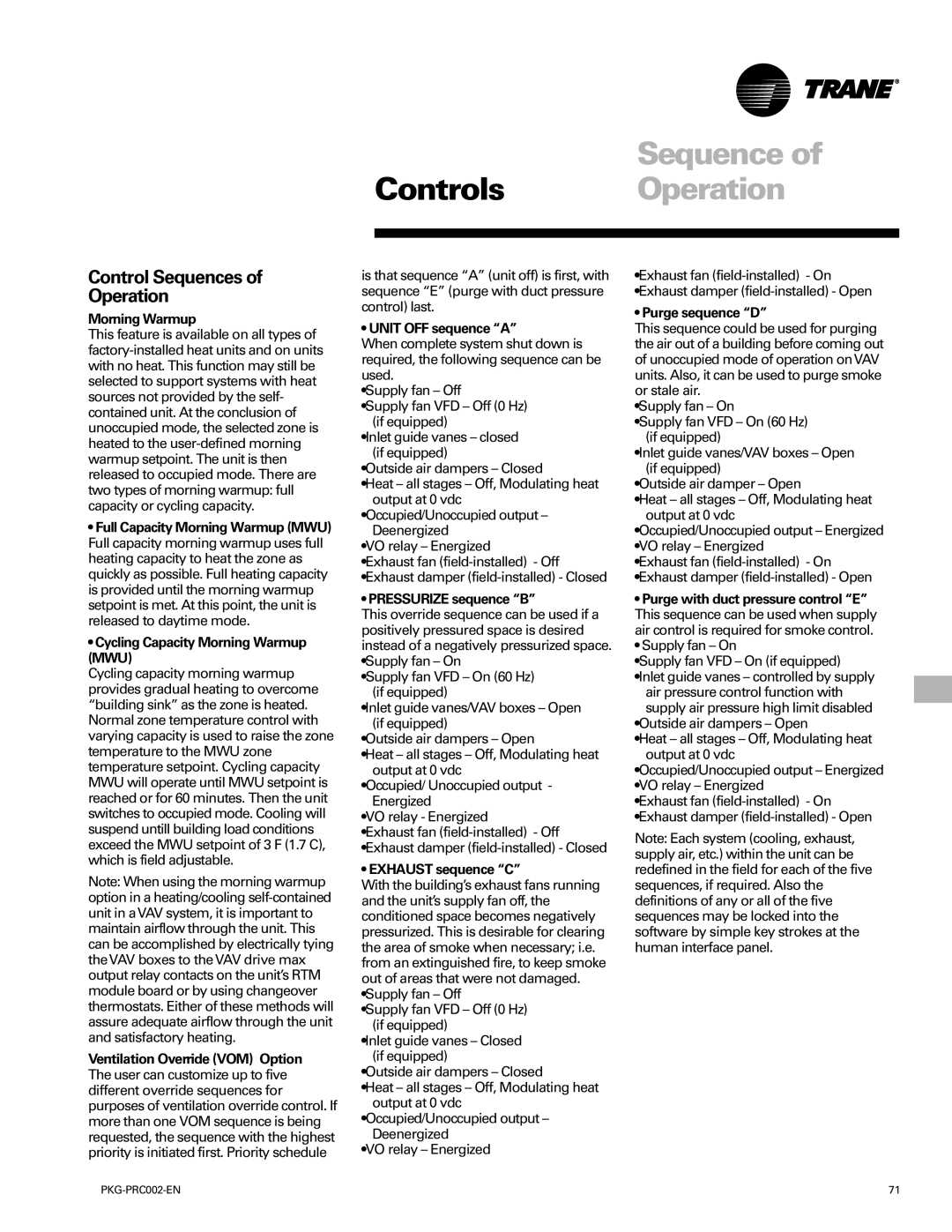 Trane PKG-PRC002-EN manual Controls Operation, Control Sequences Operation 