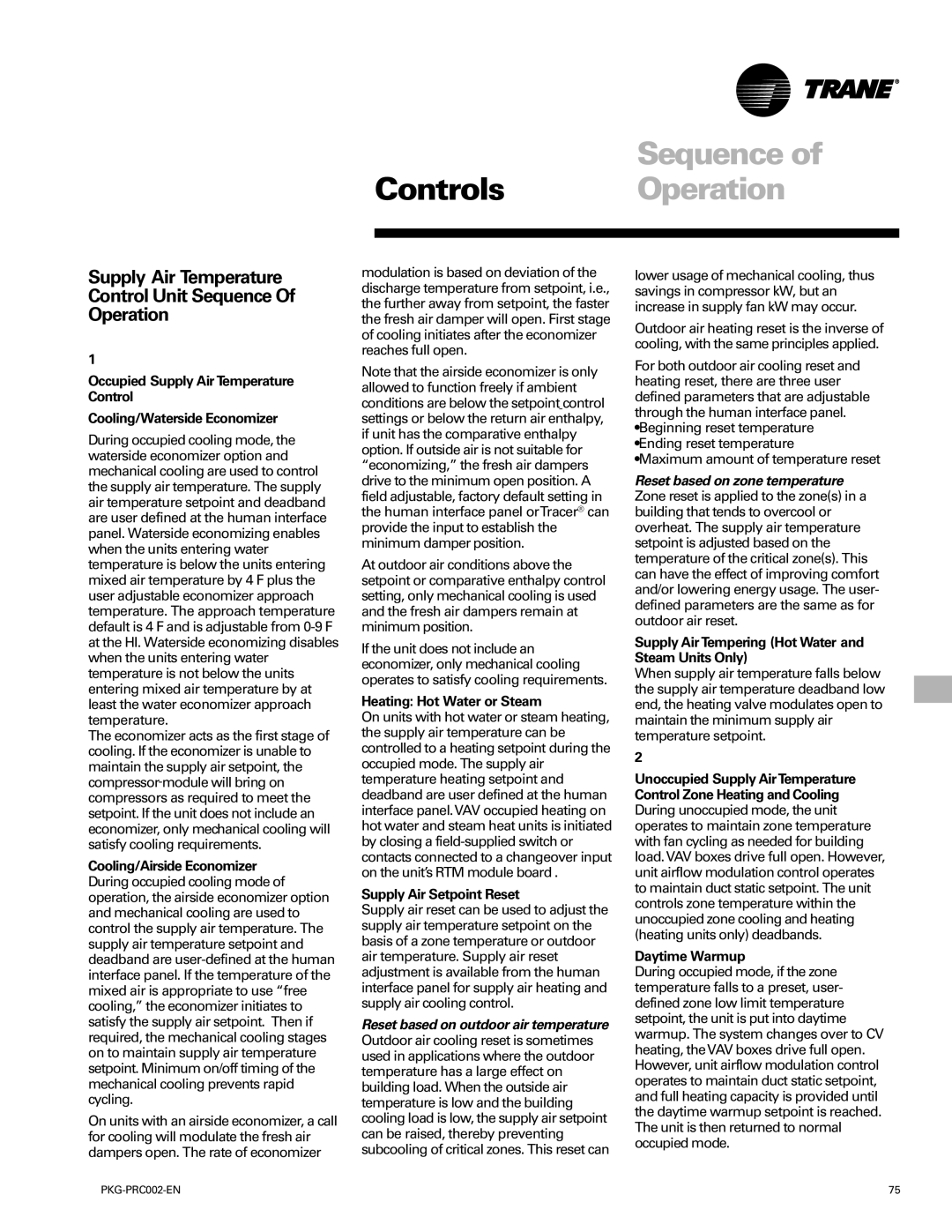 Trane PKG-PRC002-EN manual Supply Air Temperature Control Unit Sequence Operation, Supply Air Setpoint Reset 