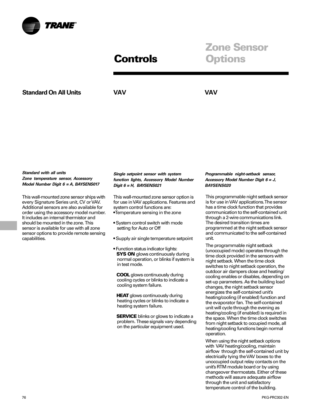Trane PKG-PRC002-EN manual Zone Sensor, Controls Options, Standard On All Units, Model Number Digit 6 = A, BAYSENS017 