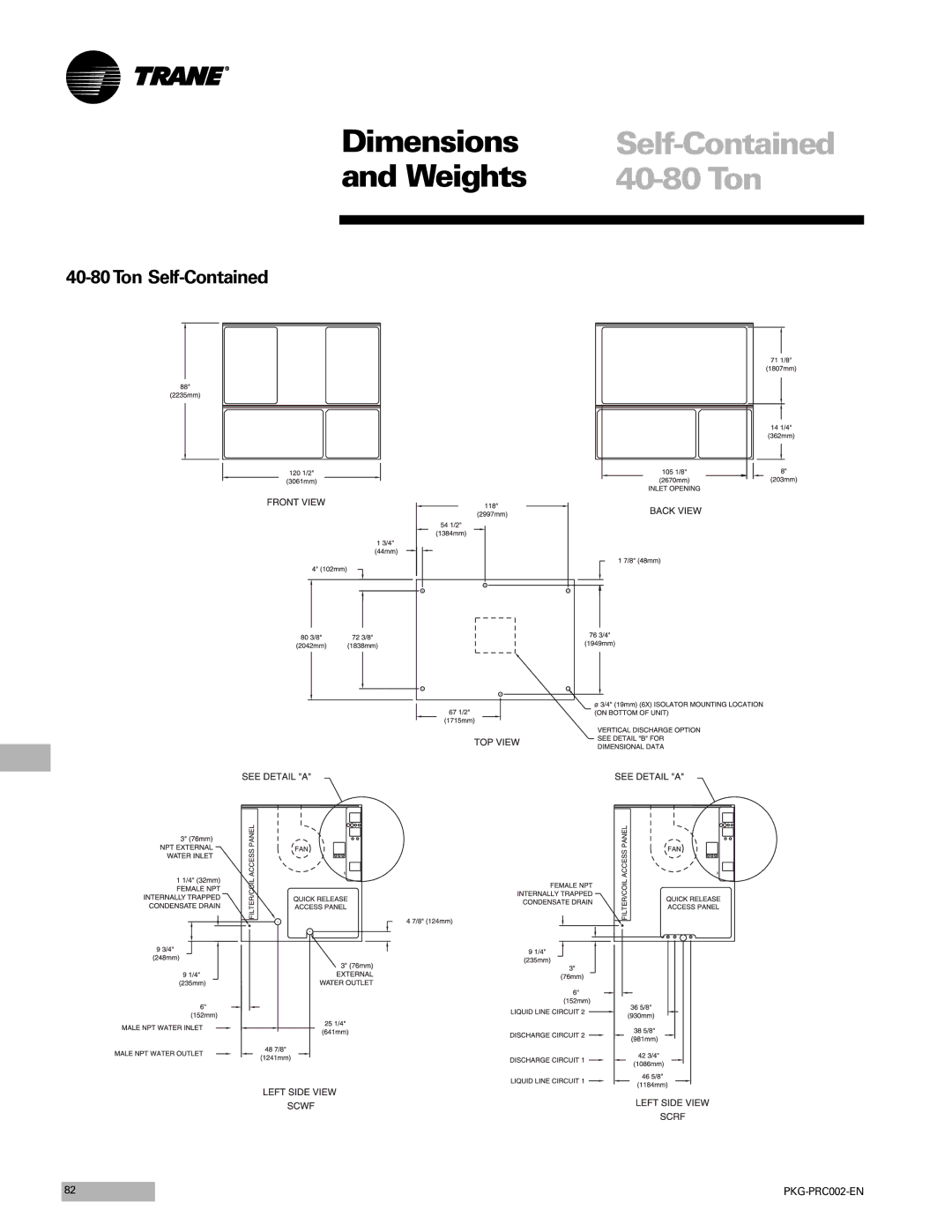 Trane PKG-PRC002-EN manual Dimensions Self-Contained Weights 40-80 Ton 