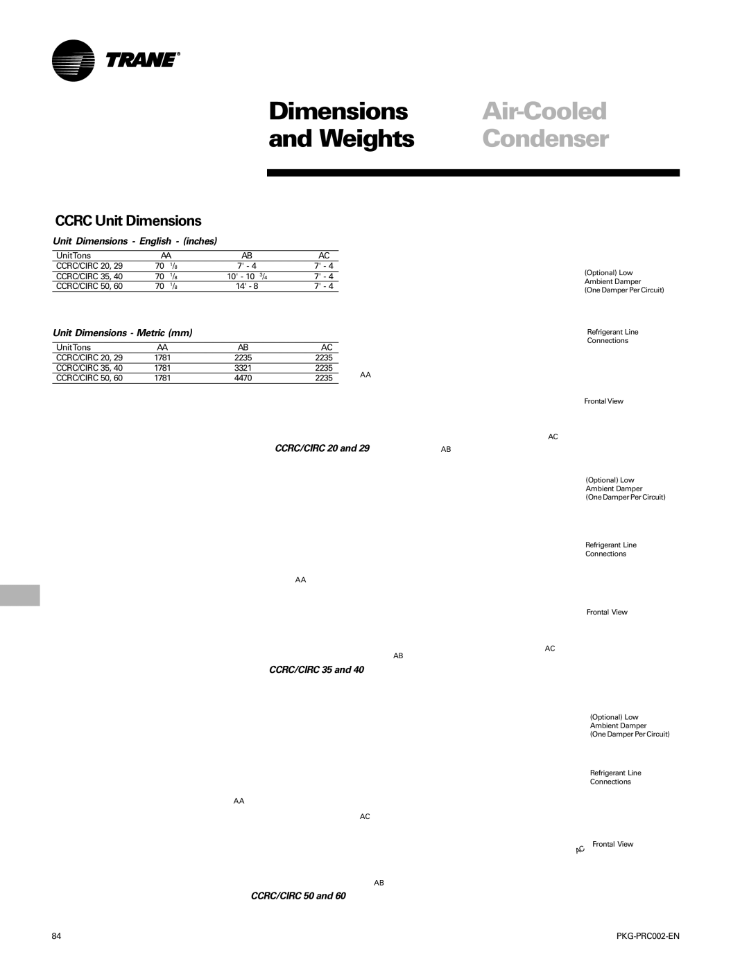 Trane PKG-PRC002-EN manual Dimensions Air-Cooled Weights Condenser, Ccrc Unit Dimensions 