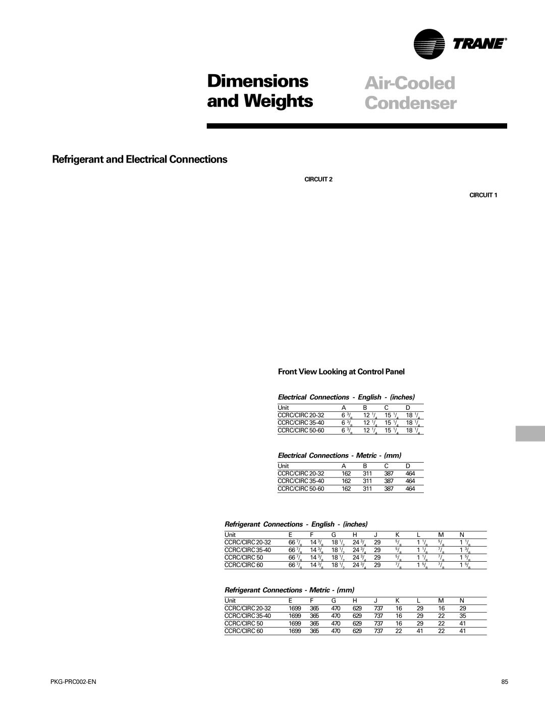 Trane PKG-PRC002-EN manual Dimensions, Weights, Refrigerant and Electrical Connections, Front View Looking at Control Panel 