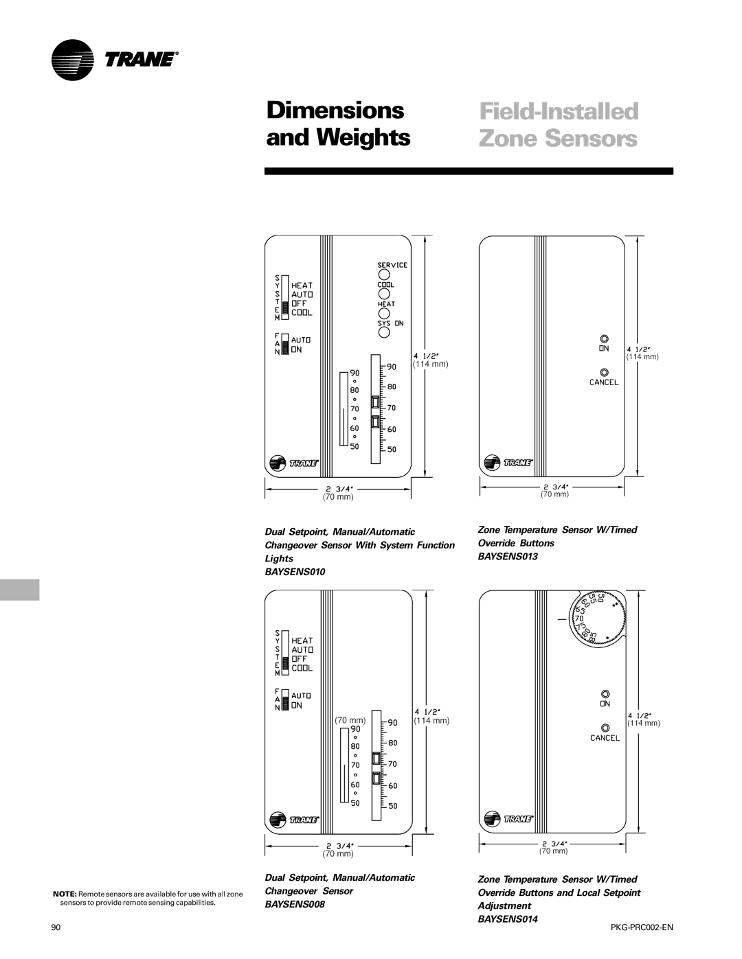 Trane PKG-PRC002-EN manual Field-Installed, Zone Sensors, Dual Setpoint, Manual/Automatic, Changeover Sensor, Adjustment 