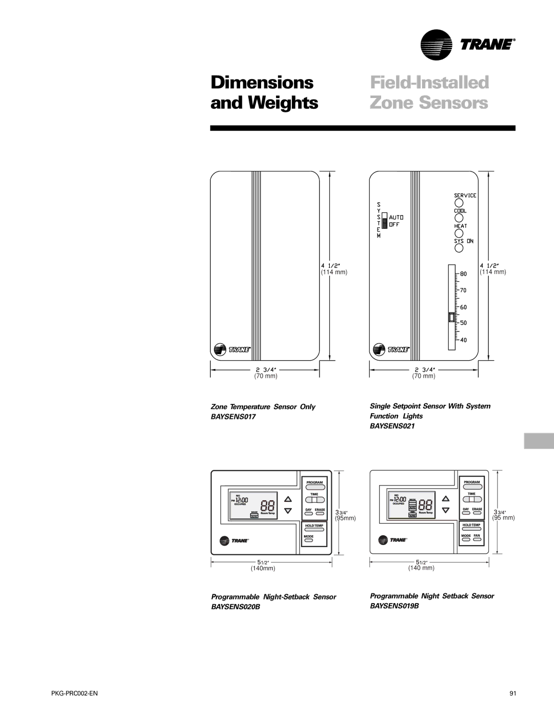 Trane PKG-PRC002-EN manual Zone Temperature Sensor Only, Function Lights, Programmable Night-Setback Sensor 