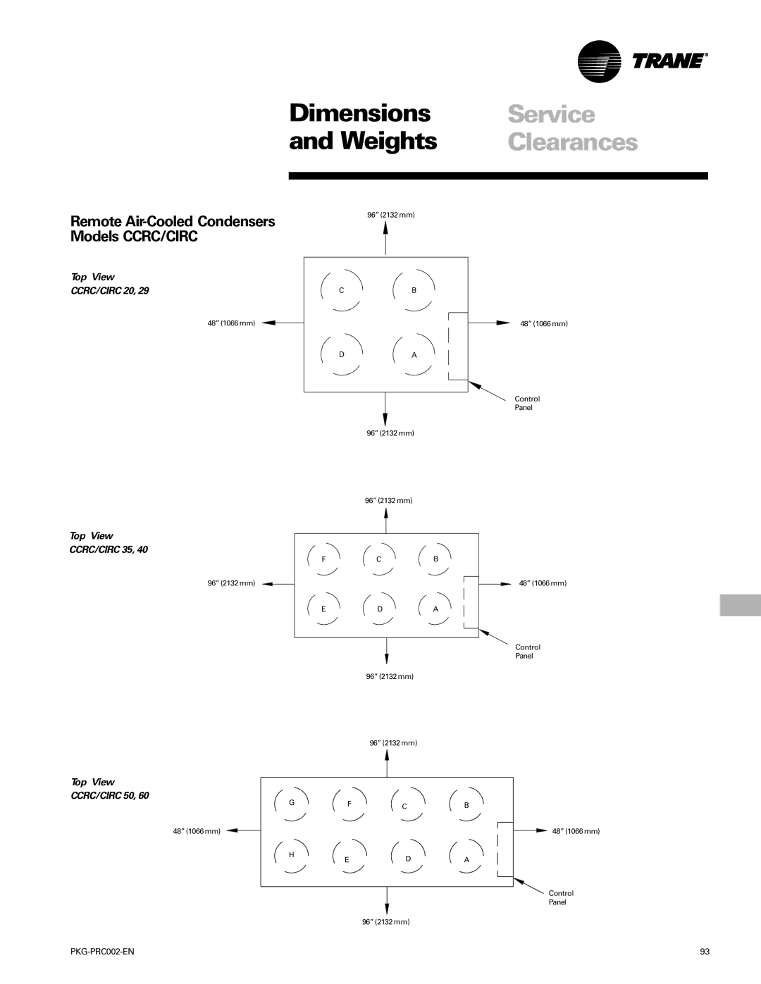 Trane PKG-PRC002-EN manual Top View CCRC/CIRC 20, Top View CCRC/CIRC 35, Top View CCRC/CIRC 50 