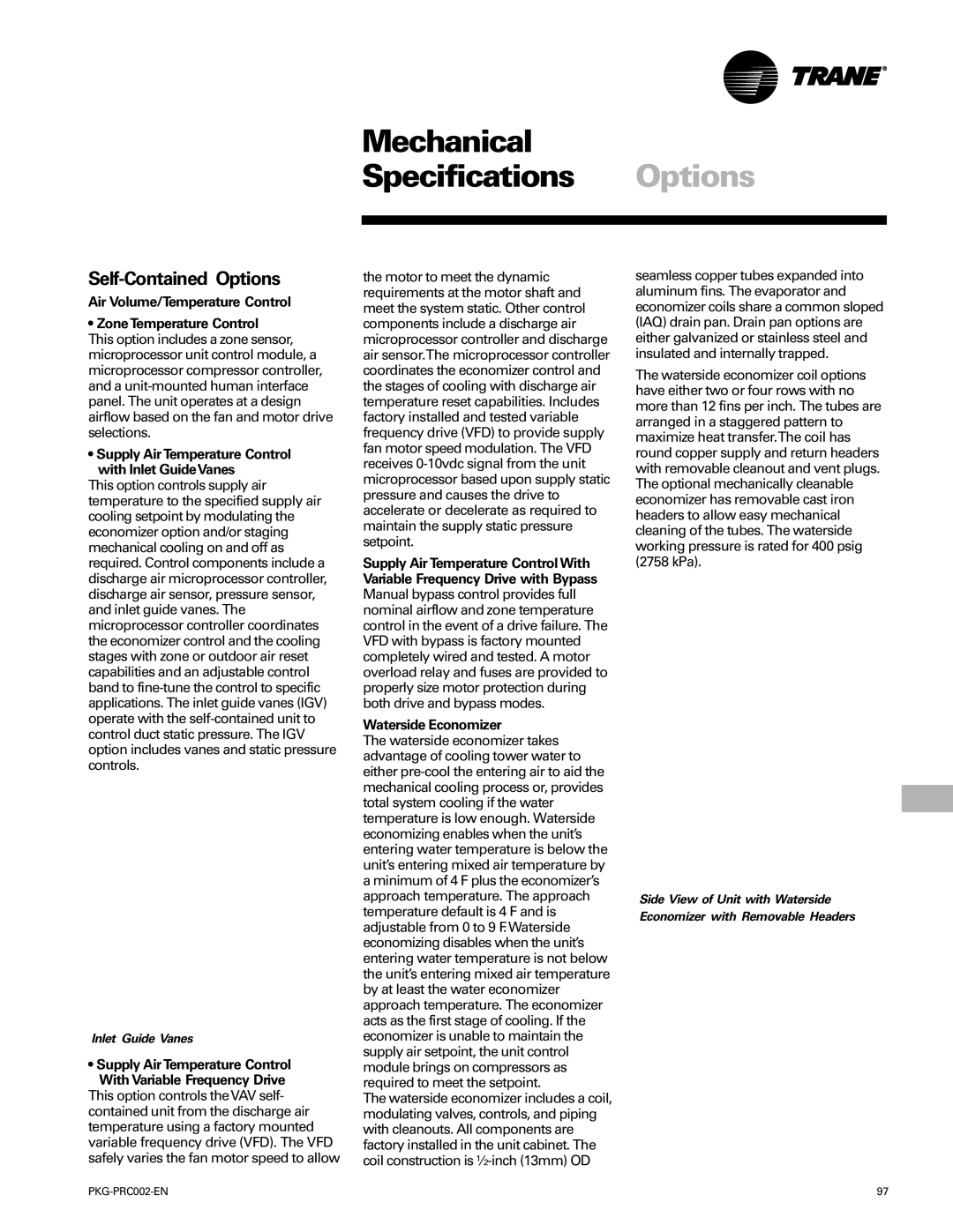 Trane PKG-PRC002-EN manual Mechanical Specifications Options, Self-Contained Options, Inlet Guide Vanes 