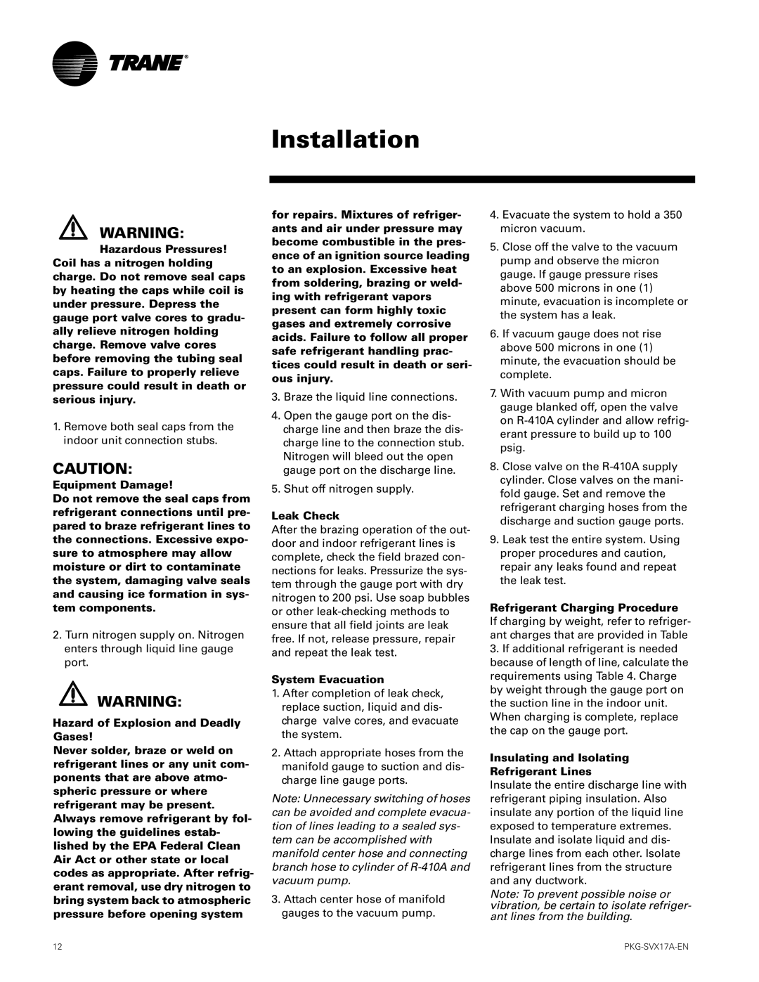 Trane PKG-SVX17A-EN manual Leak Check, System Evacuation, Insulating and Isolating Refrigerant Lines 