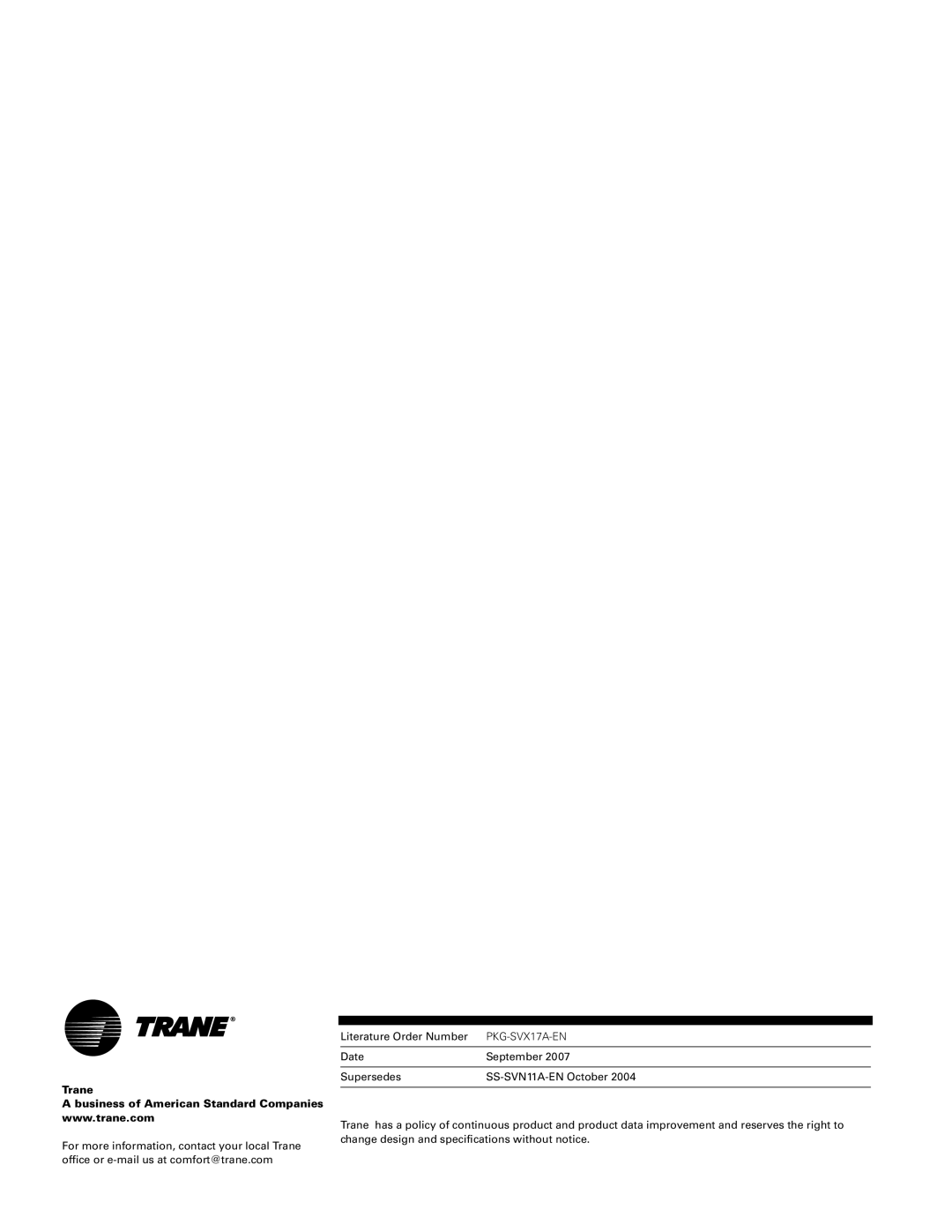 Trane PKG-SVX17A-EN manual Trane 