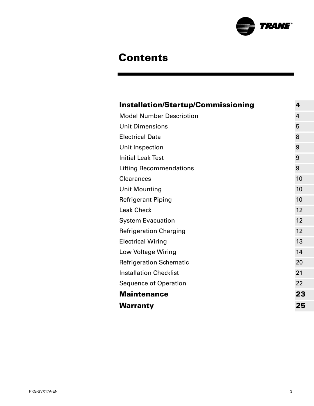 Trane PKG-SVX17A-EN manual Contents 