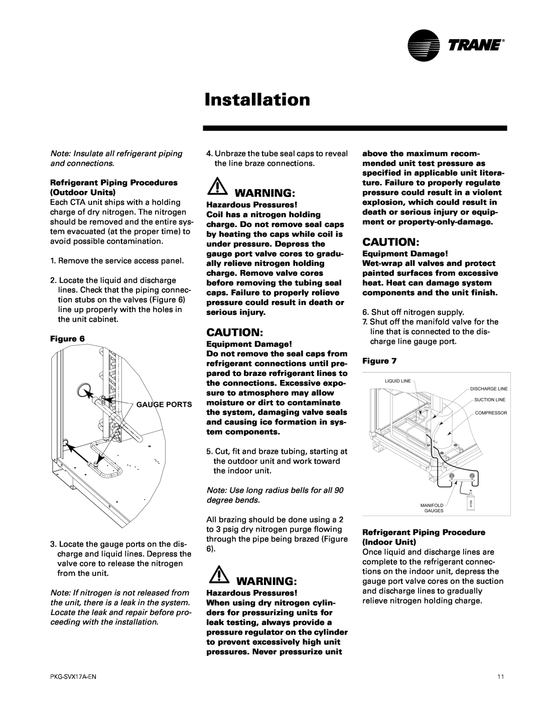 Trane PKG-SVX17A-EN manual Installation, Refrigerant Piping Procedures Outdoor Units 