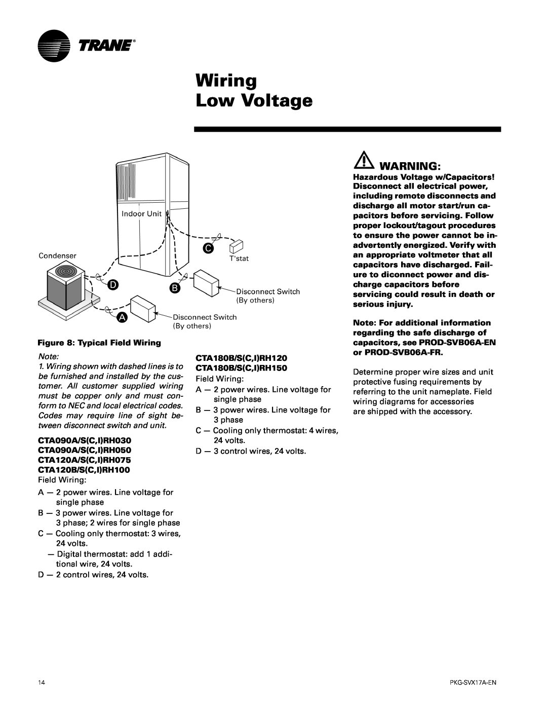 Trane PKG-SVX17A-EN Wiring Low Voltage, Typical Field Wiring, CTA180B/SC,IRH120, CTA180B/SC,IRH150, CTA090A/SC,IRH030 