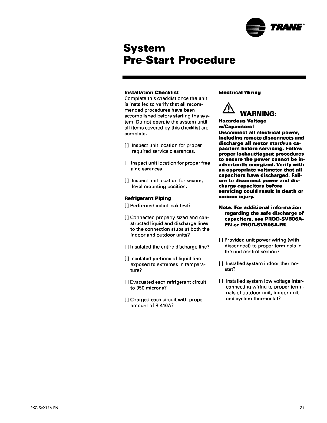 Trane PKG-SVX17A-EN manual System Pre-StartProcedure 