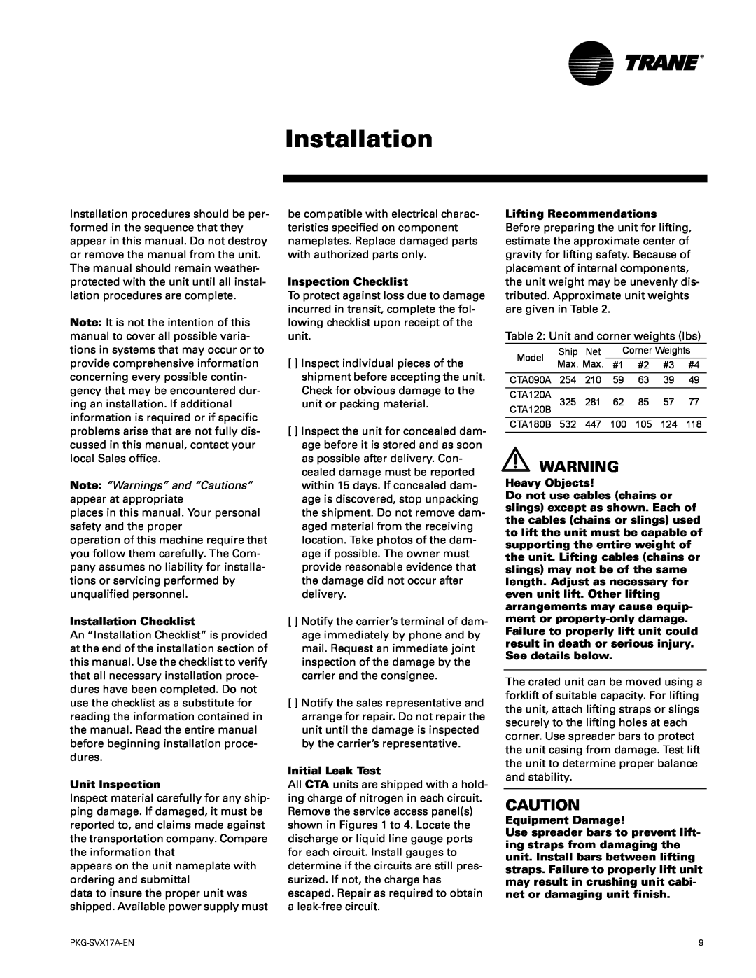 Trane PKG-SVX17A-EN Installation Checklist, Unit Inspection, Inspection Checklist, Initial Leak Test, Heavy Objects 
