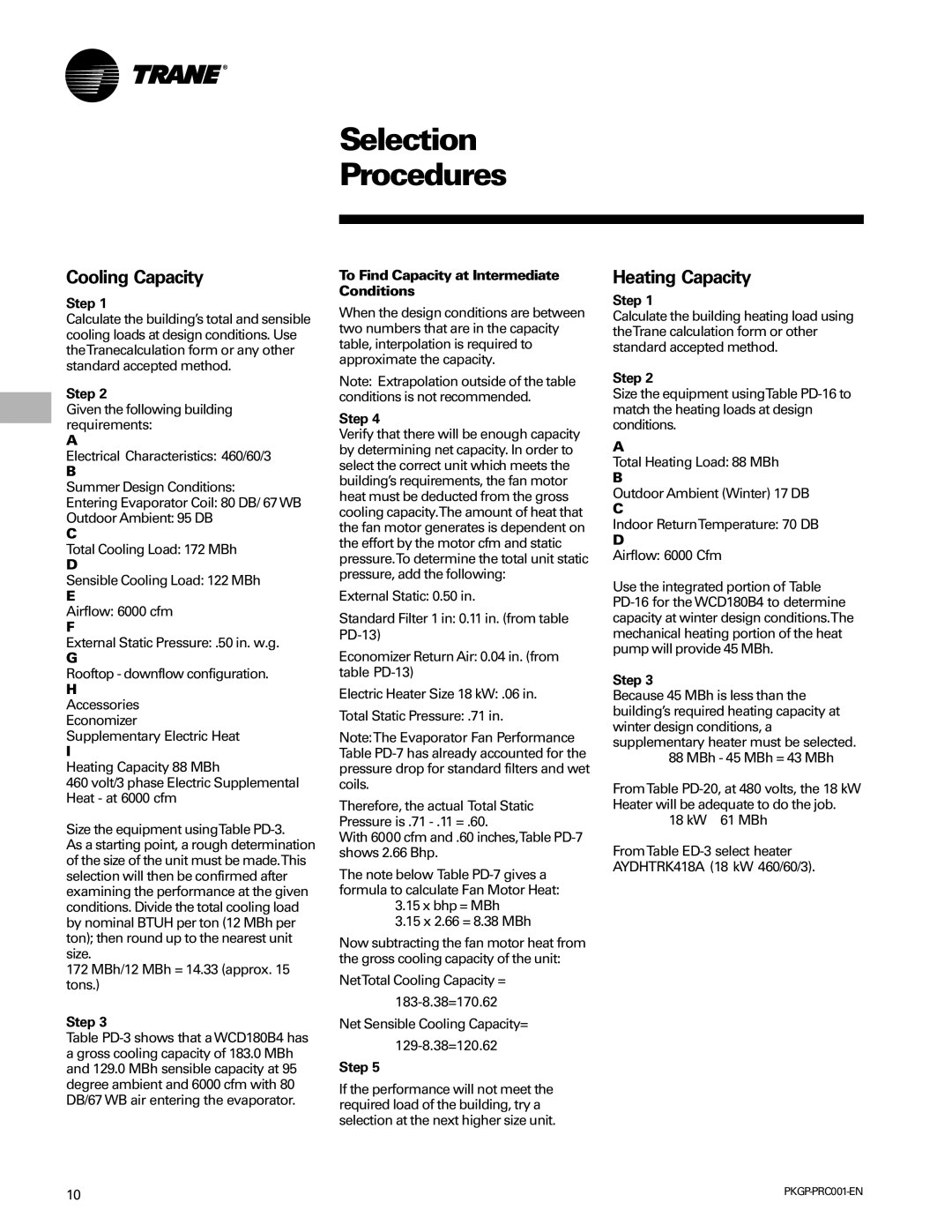 Trane PKGP-PRC001-EN manual Cooling Capacity, Heating Capacity, Step, To Find Capacity at Intermediate Conditions 